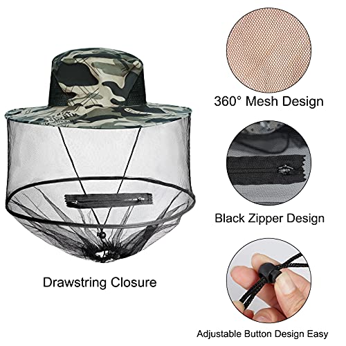 Sucrain 2 Pack Mosquito Head Net Hat Sun Hat Garden Bug Hat with Hidden Net Mesh for Outdoor Gardening Beekeeping Gray Camo - Image 4