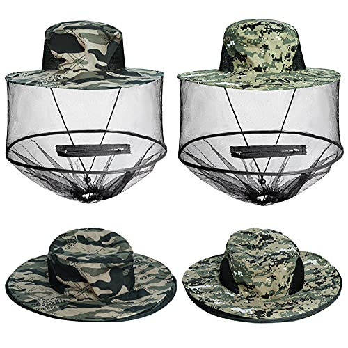 Sucrain 2 Pack Mosquito Head Net Hat Sun Hat Garden Bug Hat with Hidden Net Mesh for Outdoor Gardening Beekeeping Gray Camo - Image 1