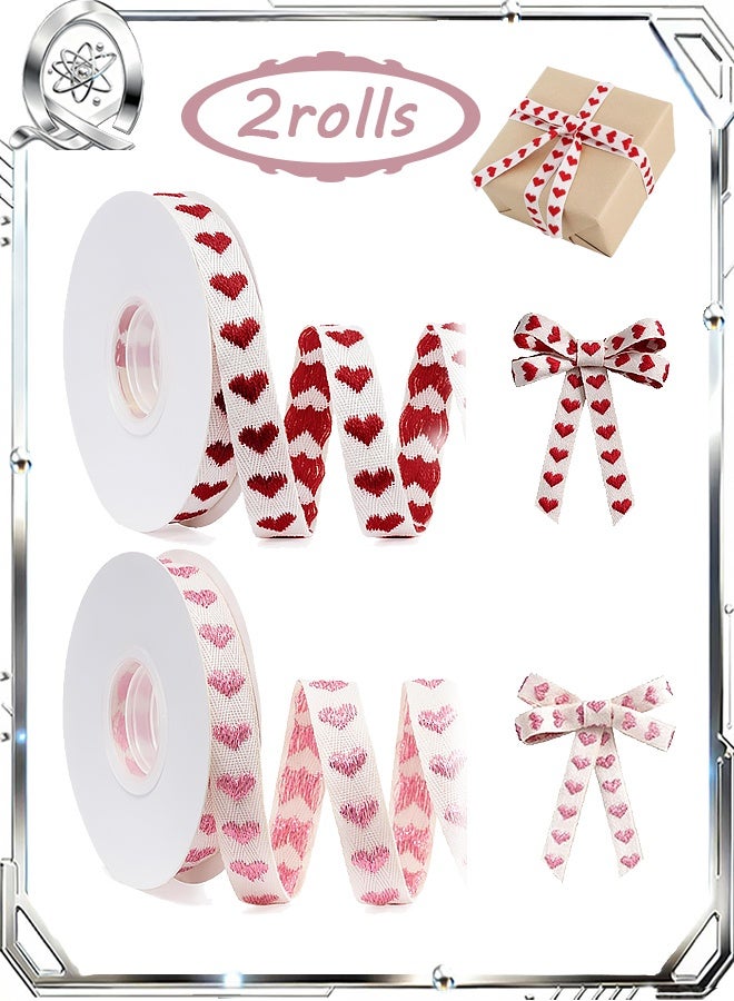 Quantum 2 PCS Cotton Ribbon, Wide Stitched Cotton Ribbon with Red Heart Pattern, Red Heart Pattern for Gift Wrapping Crafting Valentine and DIY Decoration - Image 1