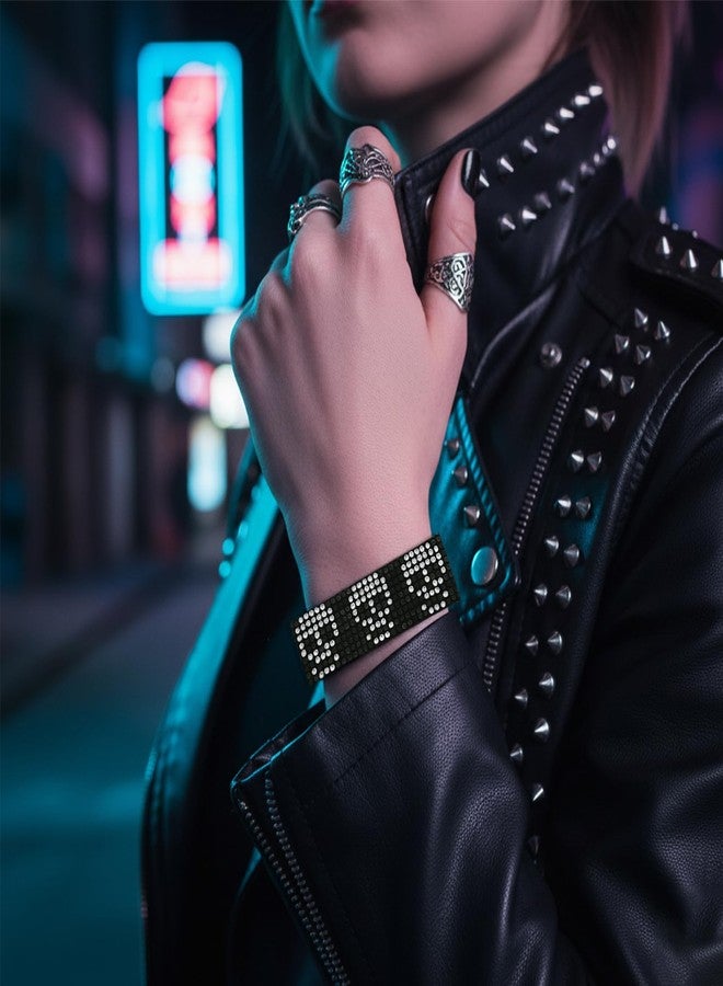 Rigoorium Gothic Rhinestone Bracelet for Women - Sparkly Y2K Skull Bat Ghost Charm Jewelry, Adjustable Black Woven Cuff, Punk Emo Alt Aesthetic Accessories, Edgy Statement Gift for Her (Skull/White) - Image 2