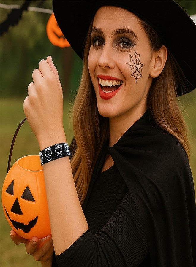 Rigoorium Gothic Rhinestone Bracelet for Women - Sparkly Y2K Skull Bat Ghost Charm Jewelry, Adjustable Black Woven Cuff, Punk Emo Alt Aesthetic Accessories, Edgy Statement Gift for Her (Skull/White) - Image 5