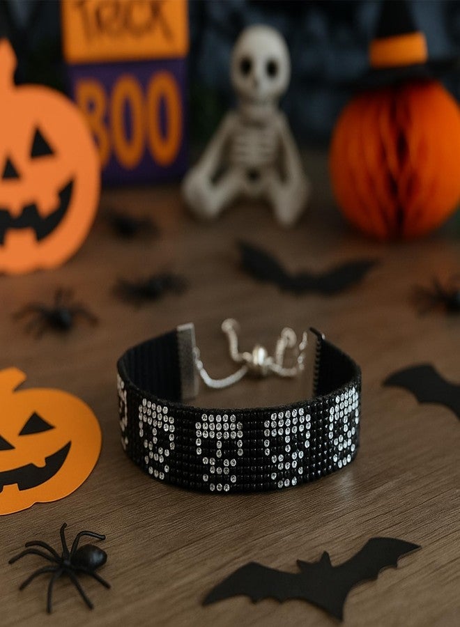 Rigoorium Gothic Rhinestone Bracelet for Women - Sparkly Y2K Skull Bat Ghost Charm Jewelry, Adjustable Black Woven Cuff, Punk Emo Alt Aesthetic Accessories, Edgy Statement Gift for Her (Skull/White) - Image 4
