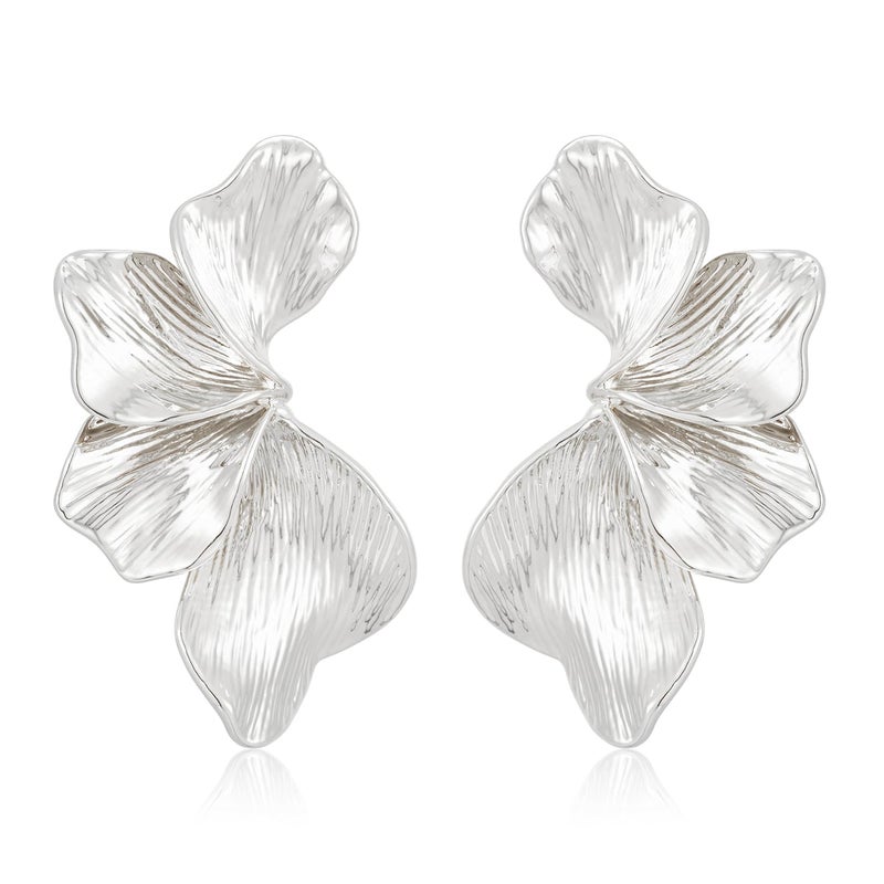 FAUTHENTICUTE Large Silver Plated Flower Statement Earrings For Women Exaggerated Leaf Dangle Earrings Summer Bohemian Striped Sectored Geometric Earrings - Image 1
