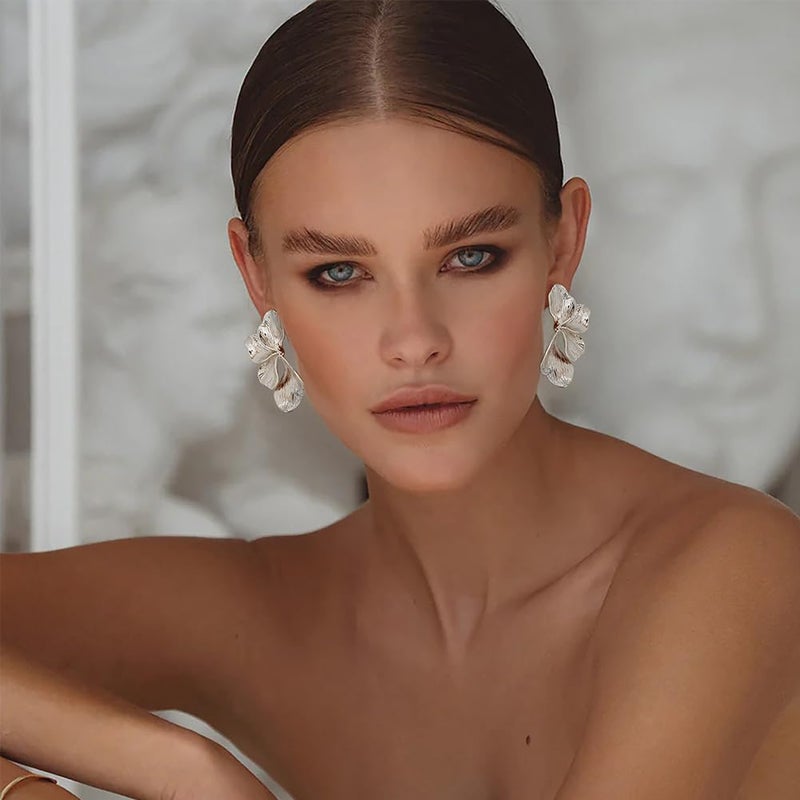 FAUTHENTICUTE Large Silver Plated Flower Statement Earrings For Women Exaggerated Leaf Dangle Earrings Summer Bohemian Striped Sectored Geometric Earrings - Image 2
