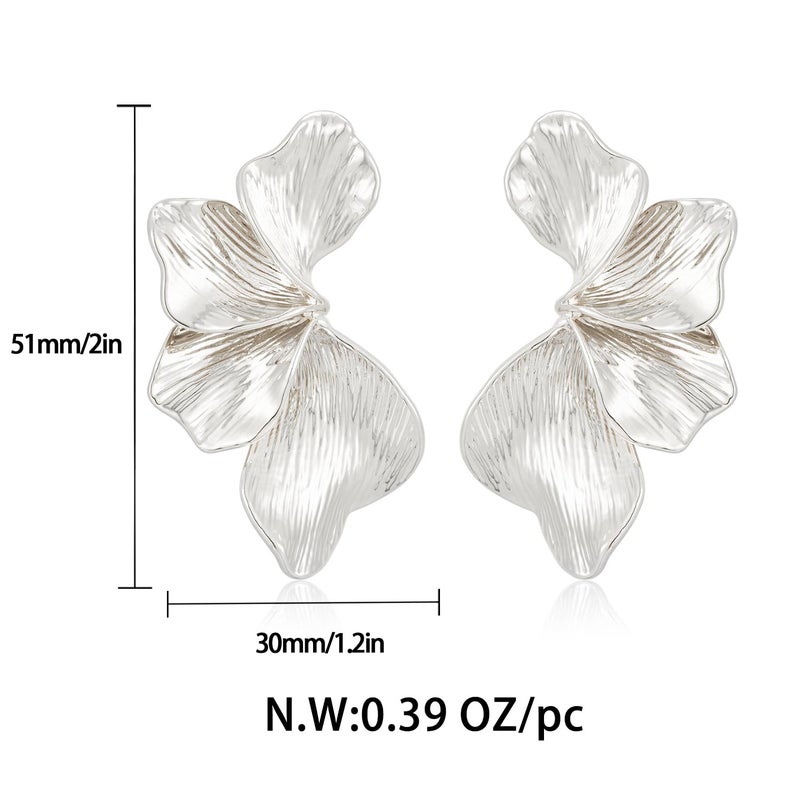 FAUTHENTICUTE Large Silver Plated Flower Statement Earrings For Women Exaggerated Leaf Dangle Earrings Summer Bohemian Striped Sectored Geometric Earrings - Image 4