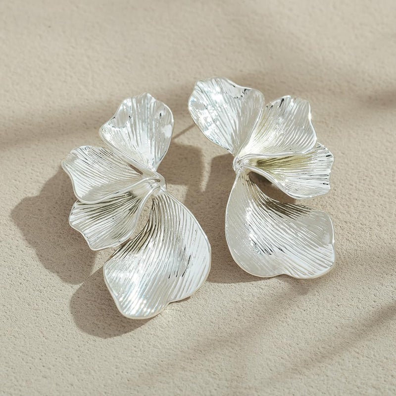 FAUTHENTICUTE Large Silver Plated Flower Statement Earrings For Women Exaggerated Leaf Dangle Earrings Summer Bohemian Striped Sectored Geometric Earrings - Image 5