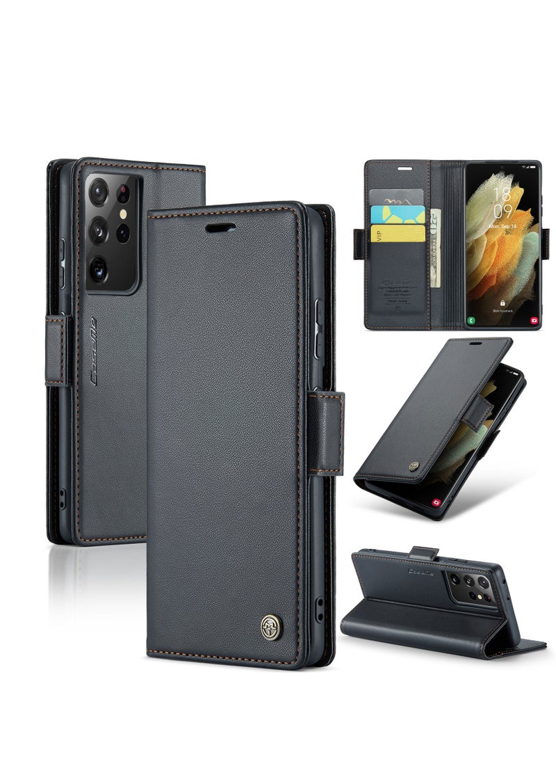 CaseMe Flip Wallet Case For Samsung Galaxy S21 Ultra, [RFID Blocking] PU Leather Wallet Flip Folio Case with Card Holder Kickstand Shockproof Phone Cover (Black) - Image 1