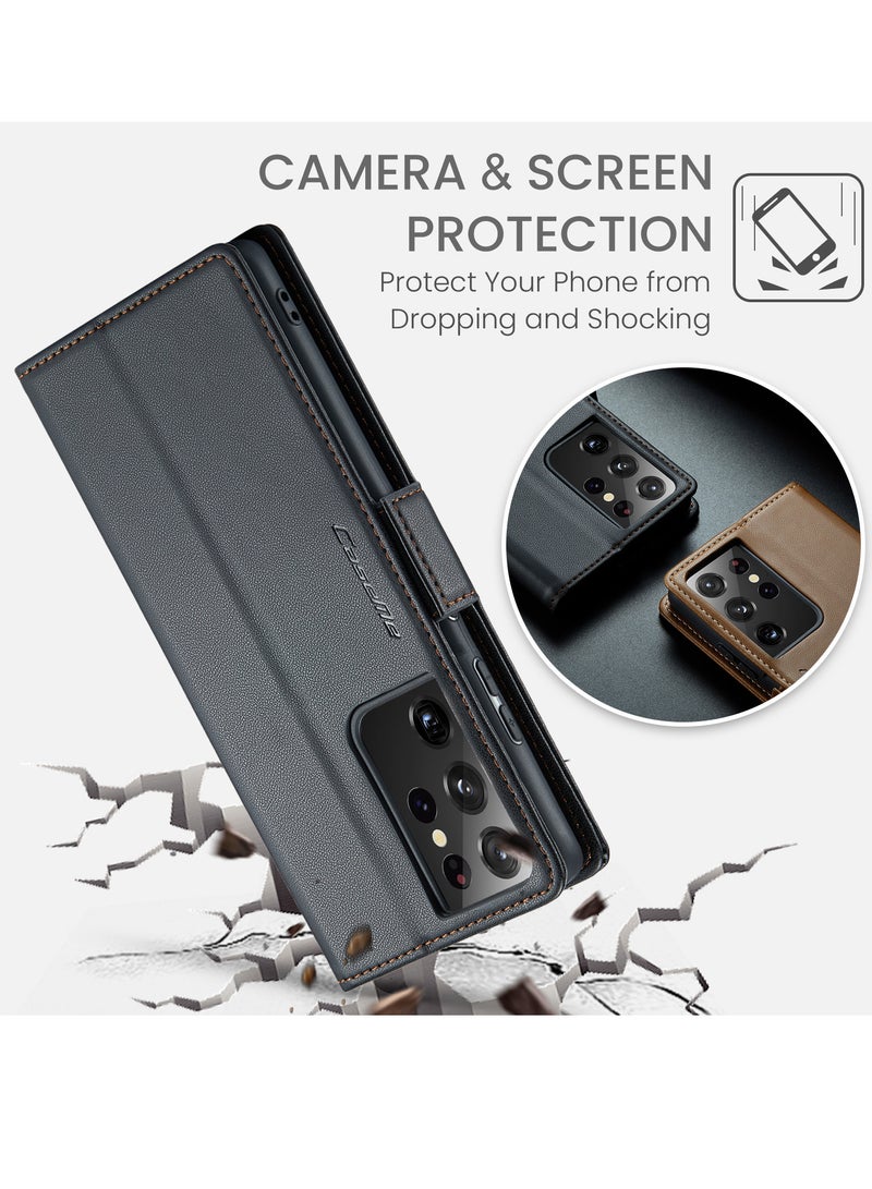CaseMe Flip Wallet Case For Samsung Galaxy S21 Ultra, [RFID Blocking] PU Leather Wallet Flip Folio Case with Card Holder Kickstand Shockproof Phone Cover (Black) - Image 3