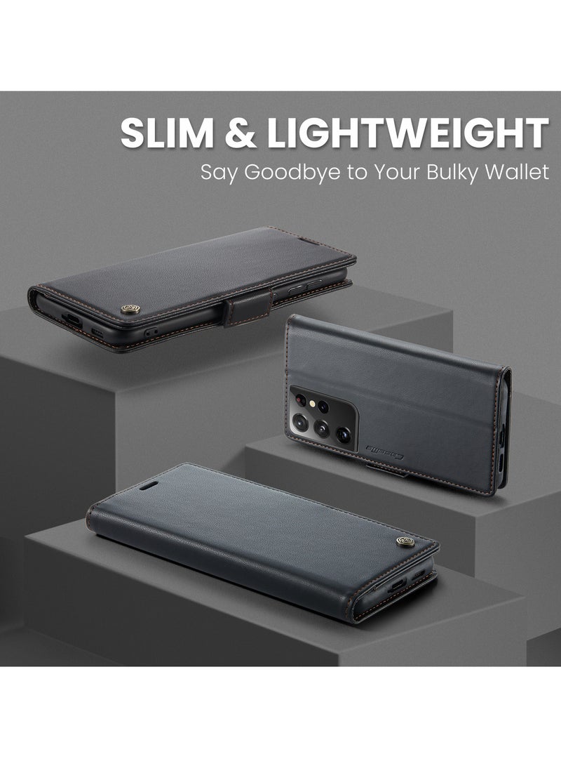 CaseMe Flip Wallet Case For Samsung Galaxy S21 Ultra, [RFID Blocking] PU Leather Wallet Flip Folio Case with Card Holder Kickstand Shockproof Phone Cover (Black) - Image 4