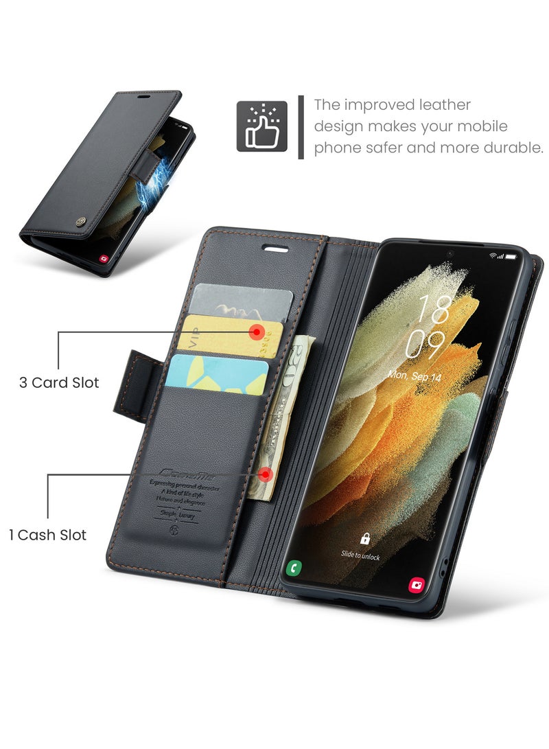 CaseMe Flip Wallet Case For Samsung Galaxy S21 Ultra, [RFID Blocking] PU Leather Wallet Flip Folio Case with Card Holder Kickstand Shockproof Phone Cover (Black) - Image 5