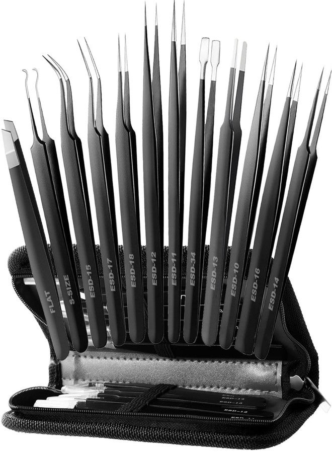 Antonki 12 Pack Precision Tweezers Set for Craft, Soldering, Jewelry, Facial Hair, Eyebrow, Ingrown Hair Removal, Eyelash Extension- with Case - Image 1
