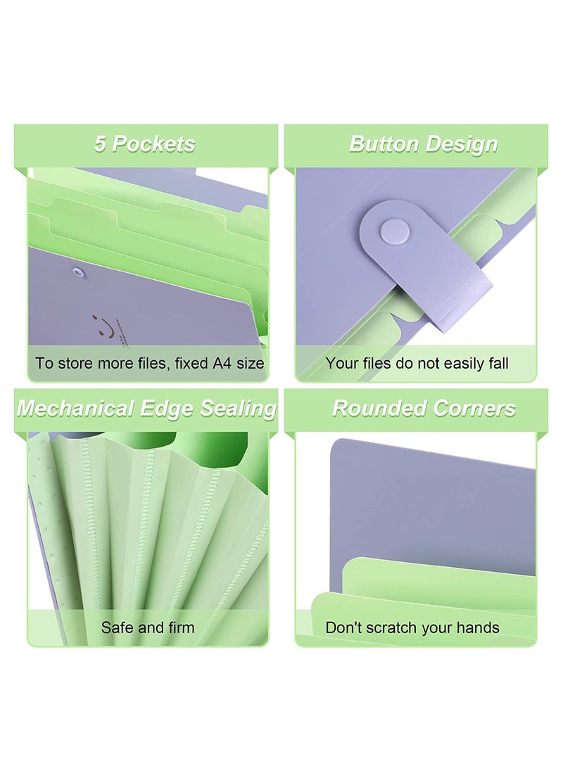 KASTWAVE - Expanding File Folders, 2 Pack Plastic Letter A4 Paper Paper Organizer Folder with Labels with Snap Closure, Cute Folders with 5 Pockets for School Home Work Office (Green & Purple) - Image 1