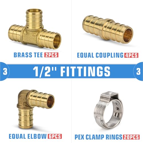 iCrimp PEX Clamp Tool PEX Fitting Kit for Cinch and Removal 3/8-in, 1/2-in, 3/4-in, 1-in PEX Clamps, c/w 1/2''(20 Pack) PEX Clamp Rings, Brass PEX Crimp Fittings(12 Pack), PEX Tubing Cutter - Image 4