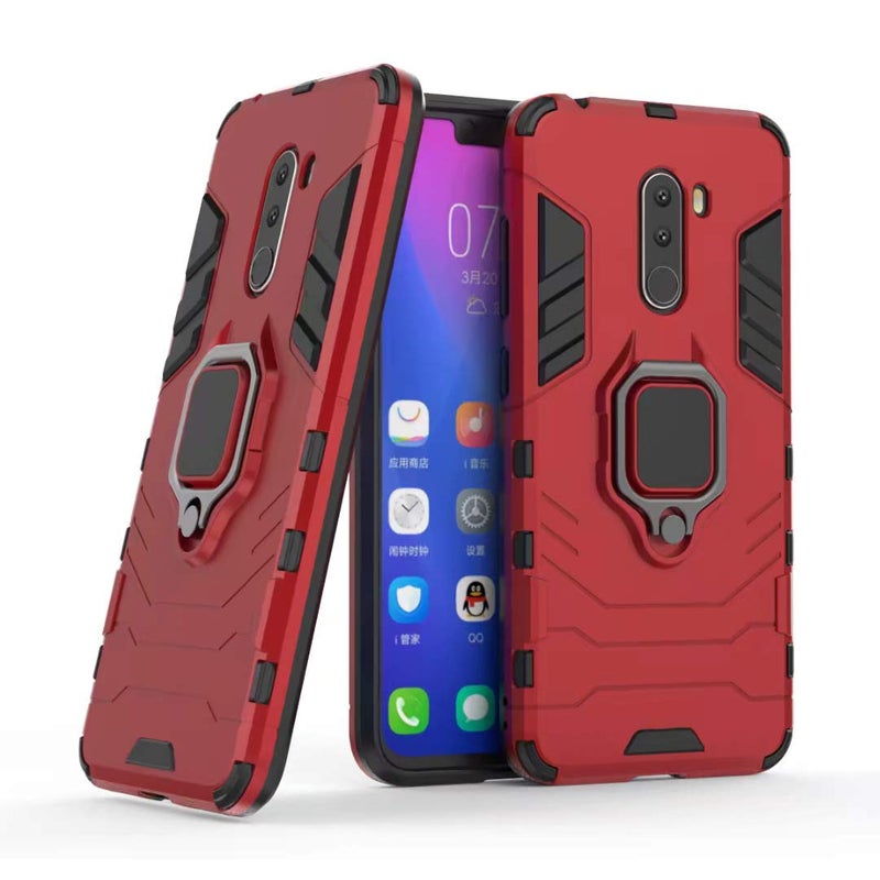 MaiJin Compatible with Pocophone F1 Case Metal Ring Grip Kickstand Shockproof Hard Bumper Shell Works with Magnetic Car Mount Dual Layer Rugged Cover for Xiaomi Pocophone F1 Red