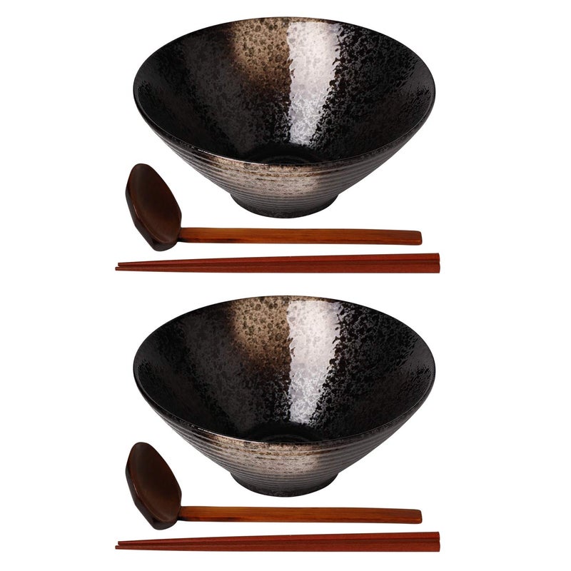 Kanwone Ceramic Japanese Ramen Bowl Set Noodle Soup Bowls  37 Ounce with Matching Spoons and Chopsticks for Udon Soba Pho Asian Noodles Set of 2 Black