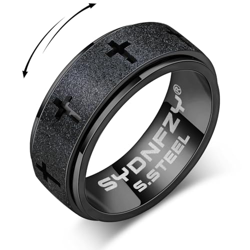SYDNFZY Anxiety Spinner Ring for Men Stainless Steel Fidget Spinner Ring Band Cross Thumb Roating Rings for Stress Relief 8mm Anxiety Relieve Fidget Toys for Adults Ring Size 6 7 8 9 10 11 Black 10 - Image 1