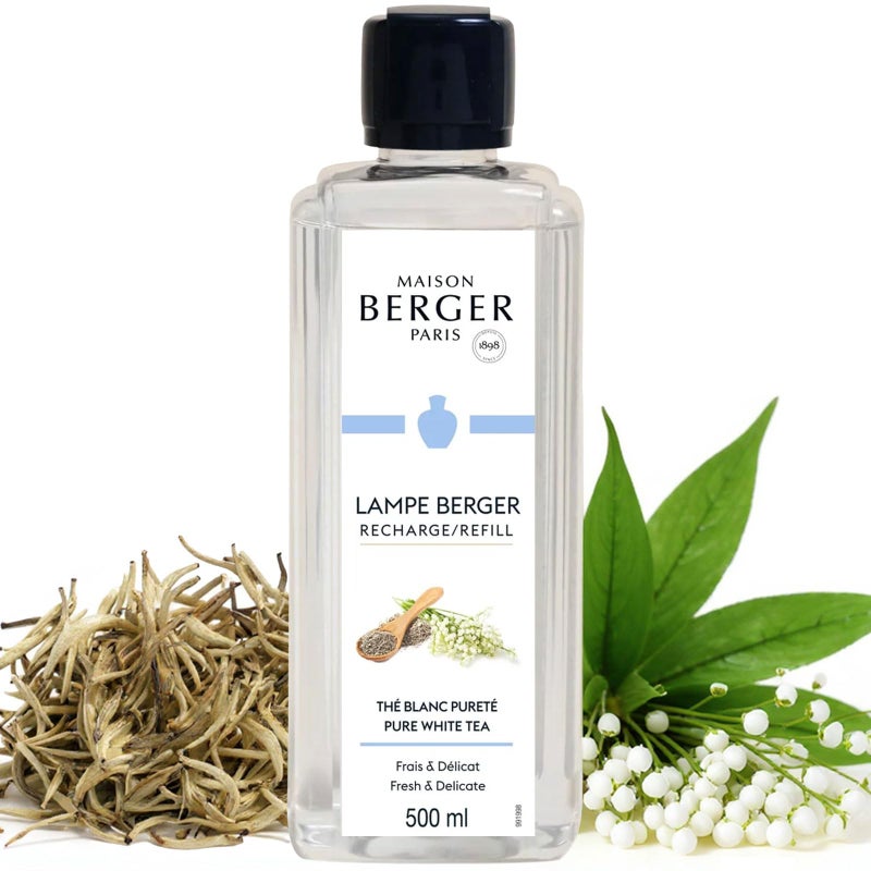 MAISON BERGER Pure White Tea Lampe Berger Refill, 500 ml (16.9 fl oz), 2-in-1 Catalytic System, Neutralizes Odors and Diffuses Fragrance, Blackcurrant, Bergamot, White Tea, Made in France