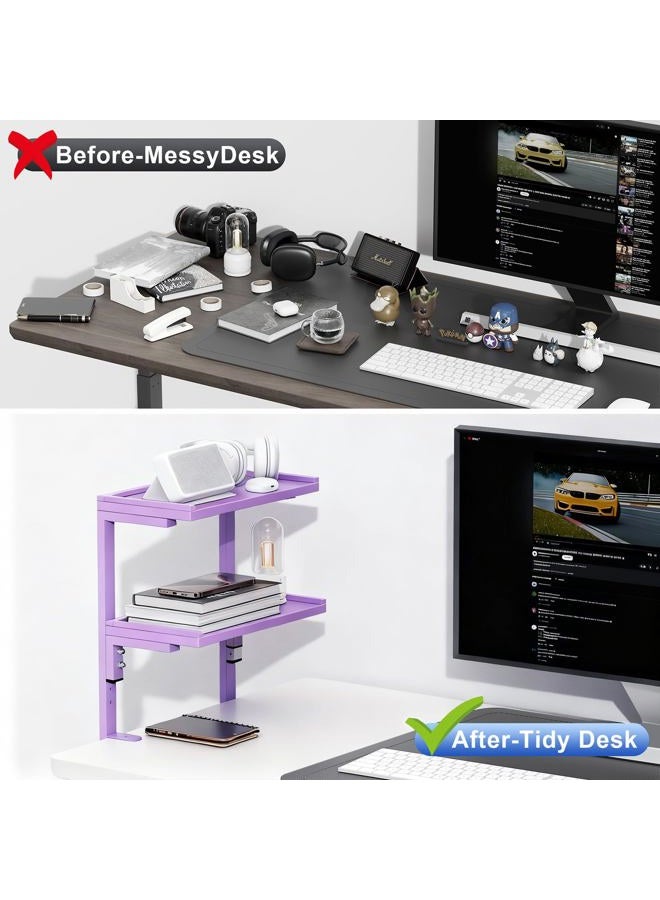 Spacrea clamp on Desk Shelf, 2 Tier Office Desk Shelves Organizer, Wood Desktop Supplies Storage Rack, Desk Organizers and Accessories (Purple) - Image 2