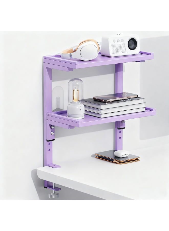 Spacrea clamp on Desk Shelf, 2 Tier Office Desk Shelves Organizer, Wood Desktop Supplies Storage Rack, Desk Organizers and Accessories (Purple) - Image 1
