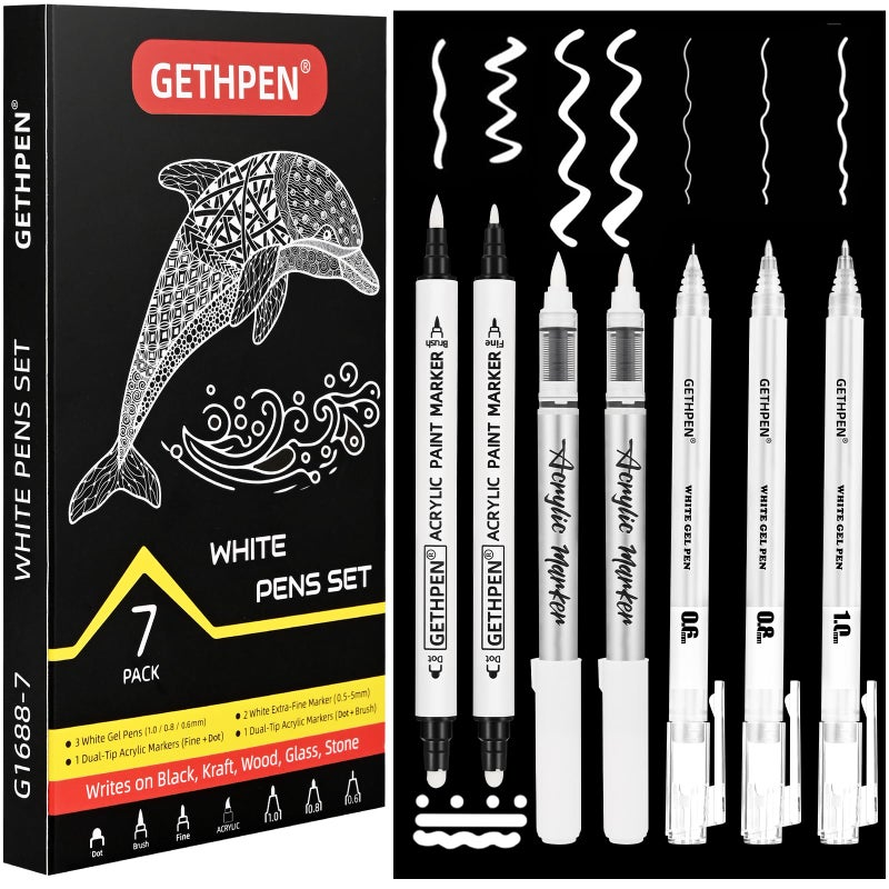 GETHPEN White Ink Pens Fine Point Gel Pens Brush Tip Acrylic Markerswhite paint pen DualTip Opaque Paint Pens for Black Paper Drawing Sketching Illustration Card Making7 Pack - Image 3