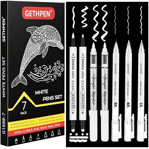 GETHPEN White Ink Pens Fine Point Gel Pens Brush Tip Acrylic Markerswhite paint pen DualTip Opaque Paint Pens for Black Paper Drawing Sketching Illustration Card Making7 Pack - Image 1