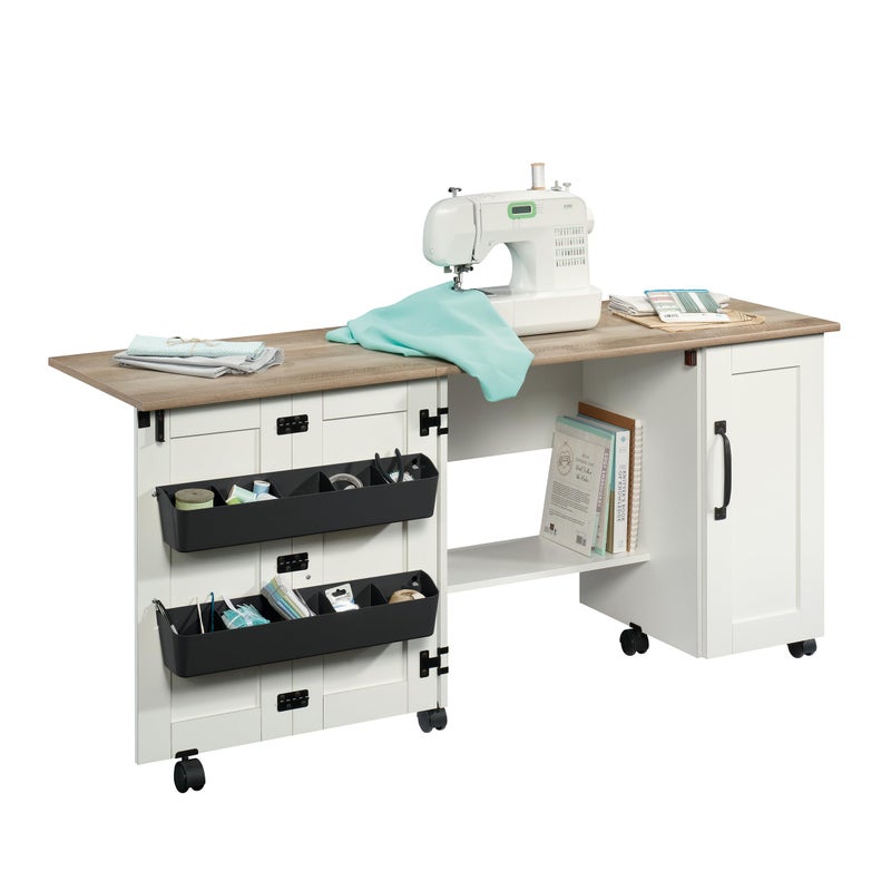 SAUDER Sauder Miscellaneous Storage Sewing Cart DropLeaf Craft Table Sewing Table with Storage  Soft White Finish 