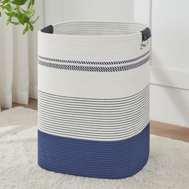 AINUOQI Large Laundry Basket - Tall Woven Rope Laundry Hamper with Leather Handles - Dirty Clothes hamper for Living room, Bedroom, 17" X 13.8" X 22", Dark Blue & White - Image 1