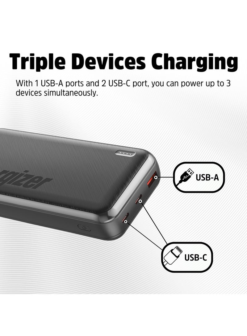 إنرجايزر 22.5 واط بنك طاقة سريع الشحن النهائي، توصيل الطاقة لأجهزة آيفون، USB ذكي لأجهزة أندرويد، ثلاثة مخرجات - 2x USB-C و 1x USB-A ومدخل USB-C - Image 4