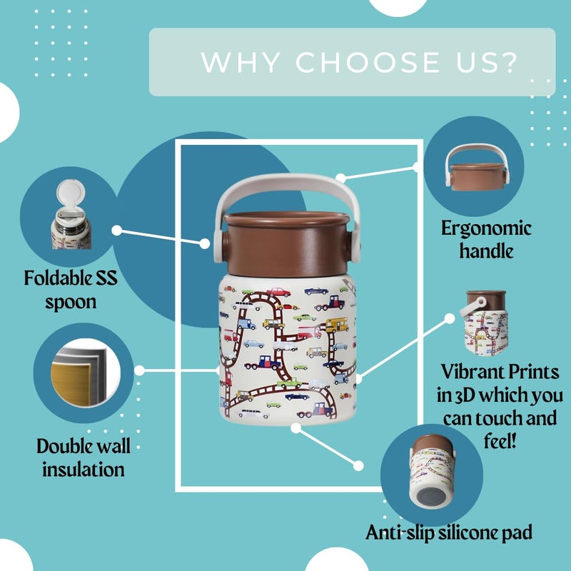 TOM  BELL Insulated food jars for Kids 500ml,Double Wall Lunch boxes for School, Portable, foldable spoon, Premium 316 Stainless Steel, Hot and cold lunch box jar (Brown Lunch Box, 500ml) - Image 5