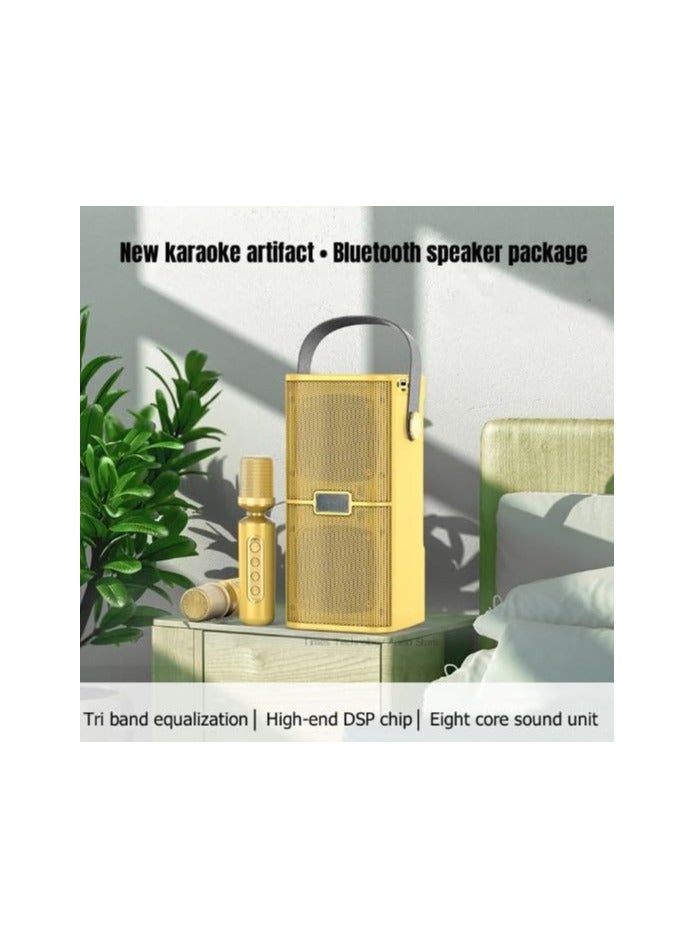 YS-218 Portable Bluetooth Speaker Dual Microphone all-in-one Family Outdoor Karaoke Party TF Audio - Gold - Image 2