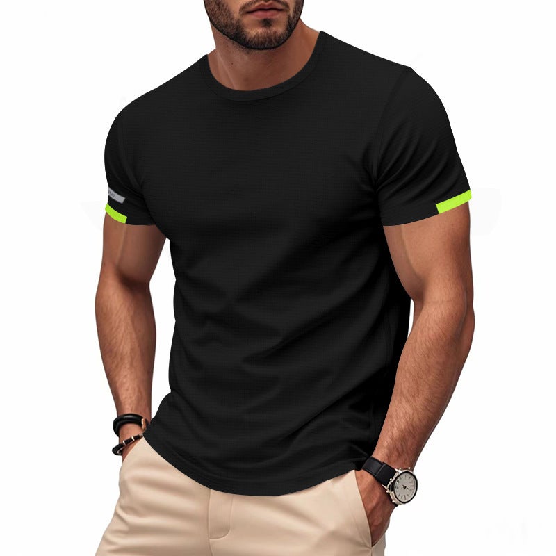 TK Cross-border Hot Sale Mens Sub-size Marathon Election Clothing Quick-drying Sports Night Running Crewneck Casual Advertising Shirt Short-sleeved Black green sleeves