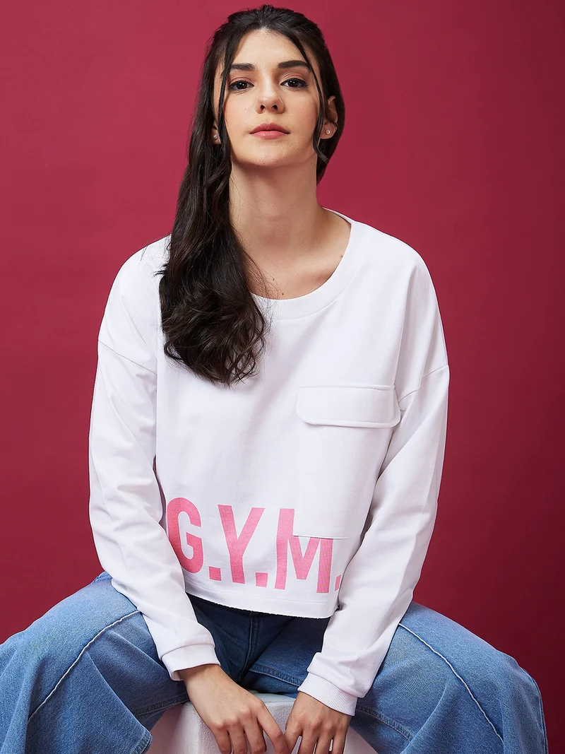 globus Globus Women White Typography Printed Round Neck Pure Cotton Pullover Sweatshirt