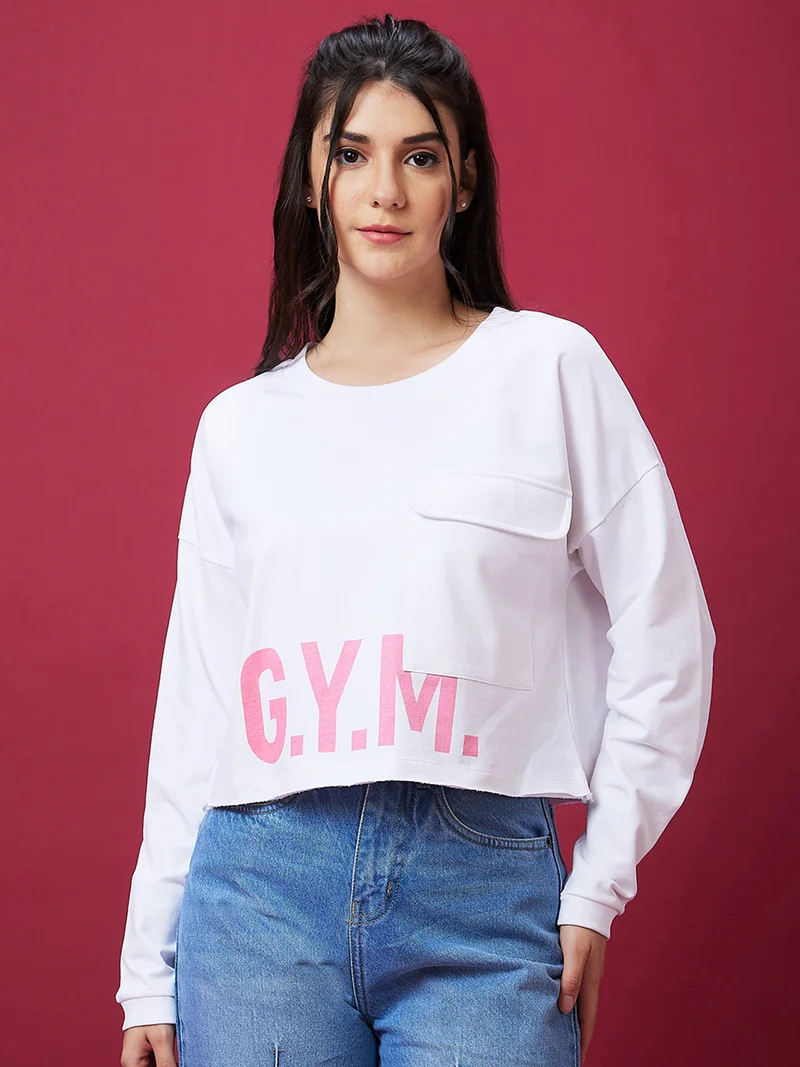 globus Globus Women White Typography Printed Round Neck Pure Cotton Pullover Sweatshirt