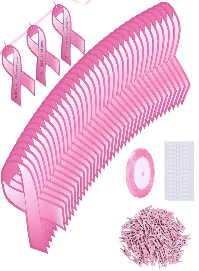 Wehhbtye 150 Pcs Breast Cancer Ribbon Cutouts, Pink Cancer Awareness Cutouts with Wooden Clips and 24 Yard Ribbons, Pink Awareness Paper Ribbon for Woman Charity Fundraising and Decorating - Image 1