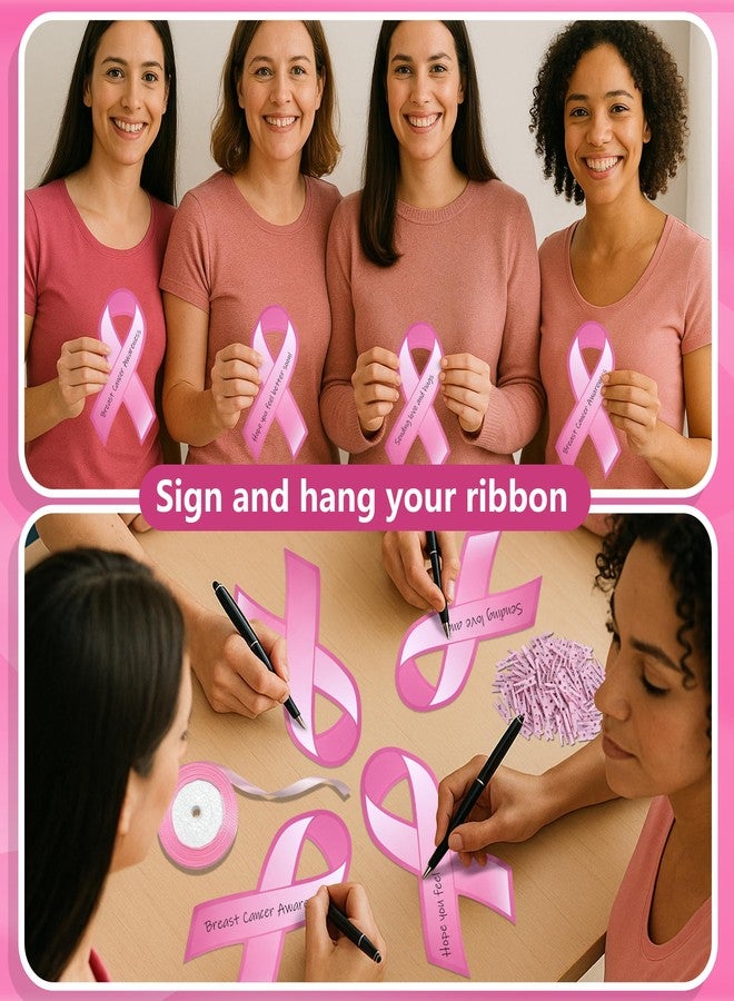 Wehhbtye 150 Pcs Breast Cancer Ribbon Cutouts, Pink Cancer Awareness Cutouts with Wooden Clips and 24 Yard Ribbons, Pink Awareness Paper Ribbon for Woman Charity Fundraising and Decorating - Image 5