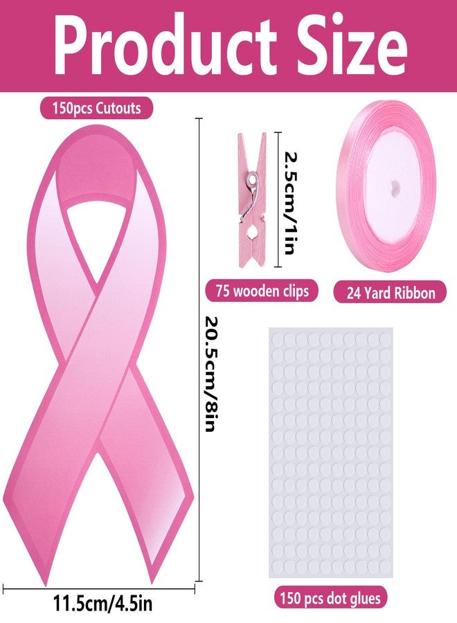 Wehhbtye 150 Pcs Breast Cancer Ribbon Cutouts, Pink Cancer Awareness Cutouts with Wooden Clips and 24 Yard Ribbons, Pink Awareness Paper Ribbon for Woman Charity Fundraising and Decorating - Image 2
