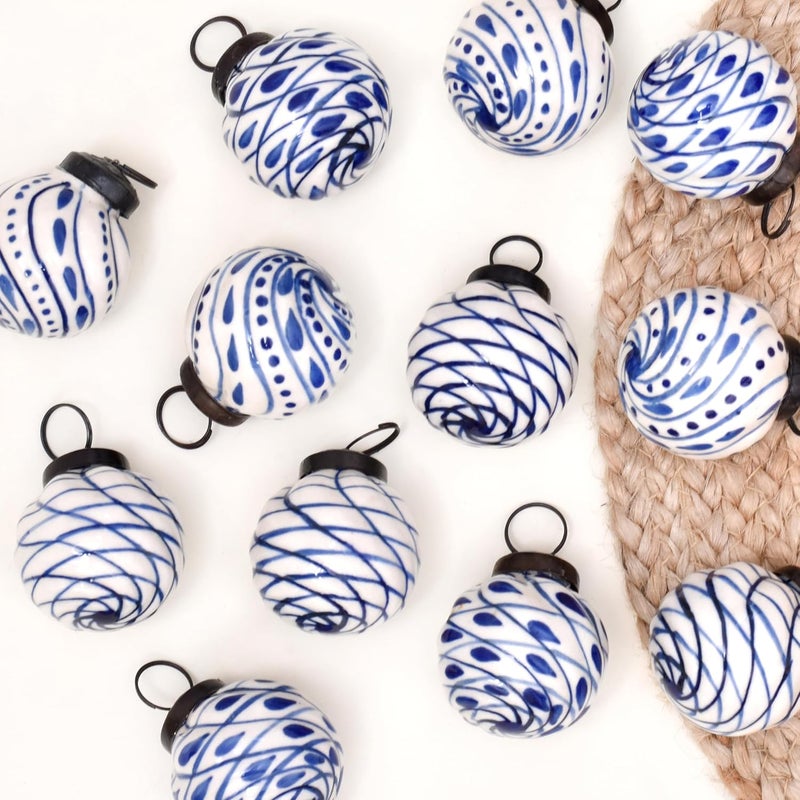 Indian-Shelf IndianShelf 12 Cute Large Blue and White Ceramic Christmas Ornaments Porcelain Handpainted Vintage Unique Tree Balls for Christmas Tree Decoration - Image 3