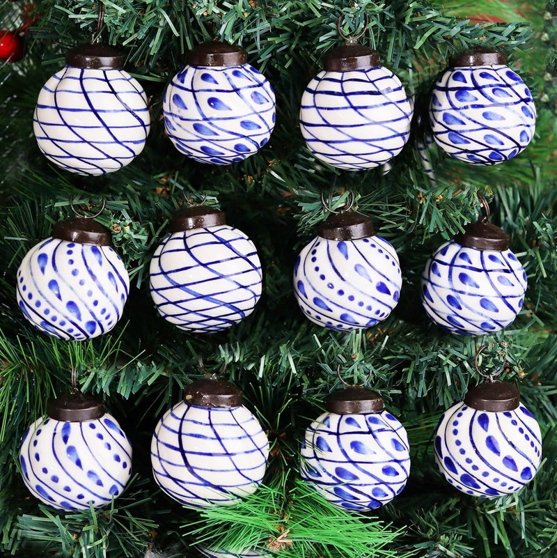 Indian-Shelf IndianShelf 12 Cute Large Blue and White Ceramic Christmas Ornaments Porcelain Handpainted Vintage Unique Tree Balls for Christmas Tree Decoration - Image 1