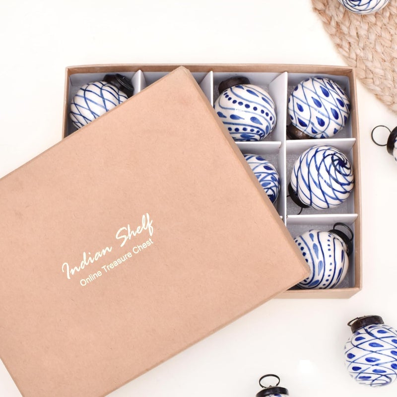 Indian-Shelf IndianShelf 12 Cute Large Blue and White Ceramic Christmas Ornaments Porcelain Handpainted Vintage Unique Tree Balls for Christmas Tree Decoration - Image 4