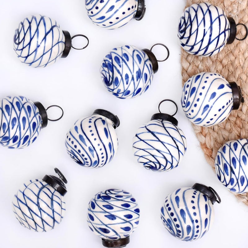 Indian-Shelf IndianShelf 12 Cute Large Blue and White Ceramic Christmas Ornaments Porcelain Handpainted Vintage Unique Tree Balls for Christmas Tree Decoration - Image 2