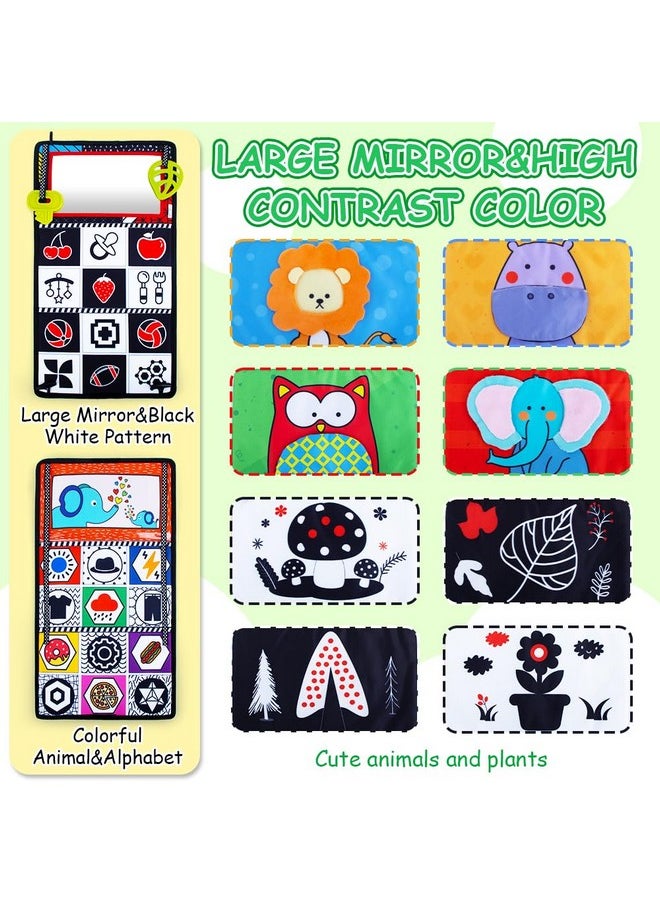 Tummy Time Mirror Newborn Toys Infant Toys 0-3 Months Brain Developmental Baby Mirror Tummy Time Toys With Cloth Book&Teethers,High Contrast Black And White Baby Toys 4 6 9 12 Month Sensory Toy