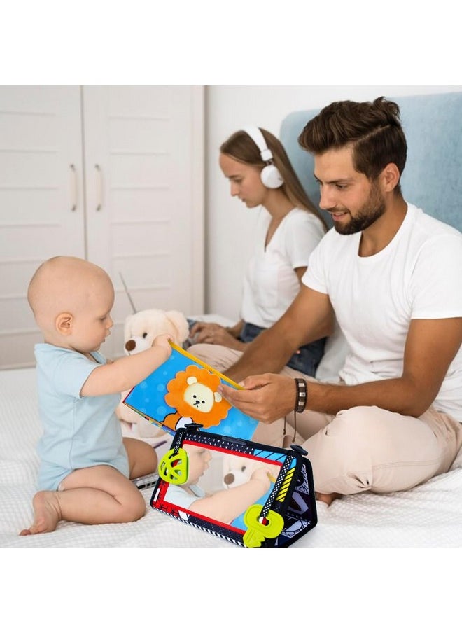 Tummy Time Mirror Newborn Toys Infant Toys 0-3 Months Brain Developmental Baby Mirror Tummy Time Toys With Cloth Book&Teethers,High Contrast Black And White Baby Toys 4 6 9 12 Month Sensory Toy
