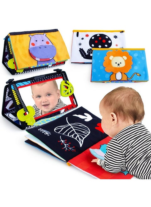 Tummy Time Mirror Newborn Toys Infant Toys 0-3 Months Brain Developmental Baby Mirror Tummy Time Toys With Cloth Book&Teethers,High Contrast Black And White Baby Toys 4 6 9 12 Month Sensory Toy
