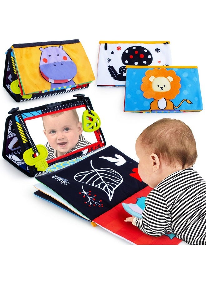 Tummy Time Mirror Newborn Toys Infant Toys 0-3 Months Brain Developmental Baby Mirror Tummy Time Toys With Cloth Book&Teethers,High Contrast Black And White Baby Toys 4 6 9 12 Month Sensory Toy