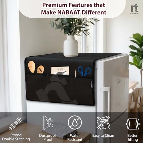 NABAAT Premium Fridge Cover Top for Single Door Refrigerator Kitchen Decor Durable Dustproof Waterproof Modern Design with 6 Side Pockets for Kitchen Accessories - 130 x 54cm (Black) - Image 4