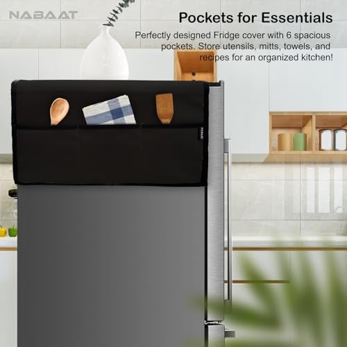 NABAAT Premium Fridge Cover Top for Single Door Refrigerator Kitchen Decor Durable Dustproof Waterproof Modern Design with 6 Side Pockets for Kitchen Accessories - 130 x 54cm (Black) - Image 5