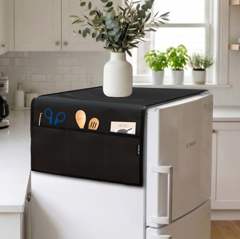 NABAAT Premium Fridge Cover Top for Single Door Refrigerator Kitchen Decor Durable Dustproof Waterproof Modern Design with 6 Side Pockets for Kitchen Accessories - 130 x 54cm (Black) - Image 1