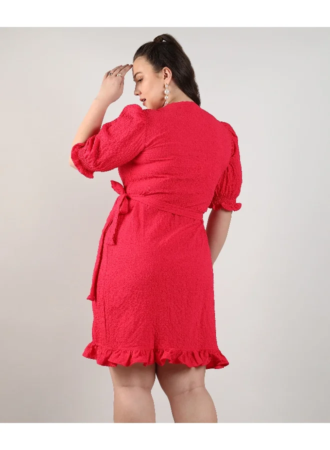 Instafab Plus Women's Scarlet Red Wrap Knee Dress For Casual Wear | V Neck | Short Sleeve | Tie-Up Closure | Dress Crafted With Comfort Fit For Everyday Wear