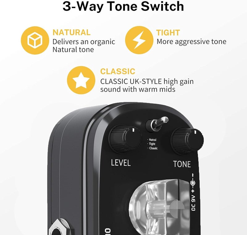 Azor Distortion Guitar Effect Pedal 3 Modes Natural, Tight, Classic for Electric Guitar True Bypass AP-302 - Image 3