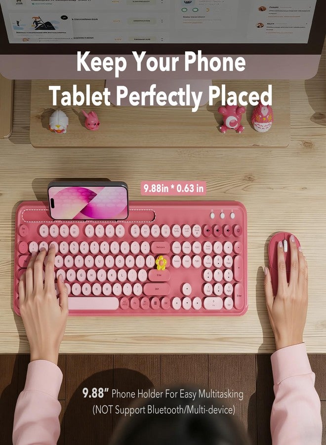 Trueque Wireless Keyboard and Mouse Combo with Phone/Tablet Holder, Cute Full-Size Typewriter-Style Keyboard, Retro Round Keycaps, 3-Level DPI Mouse, 2.4GHz Cordless Connection for Windows/PC/Laptop (Pink) - Image 2